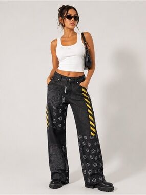 Finesse Jacko Jeans Size XL Black Smiley Patchwork
